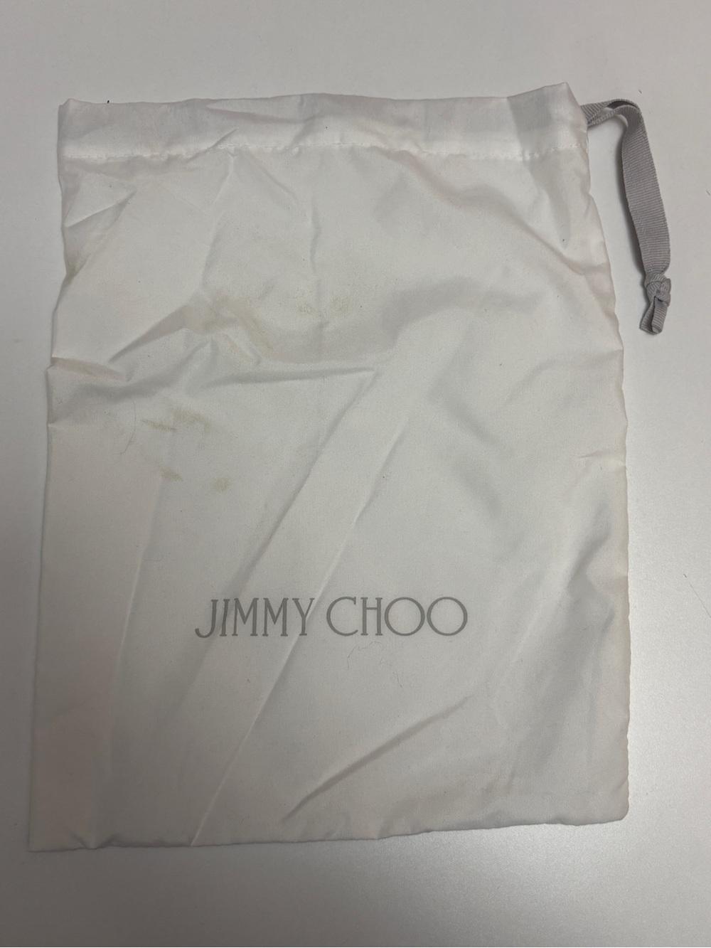 Jimmy Choo White Drawstring Storage Pouch with Gray Logo